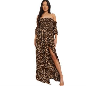 Boohoo Petite Leopard Shirred Bardot Maxi Dress